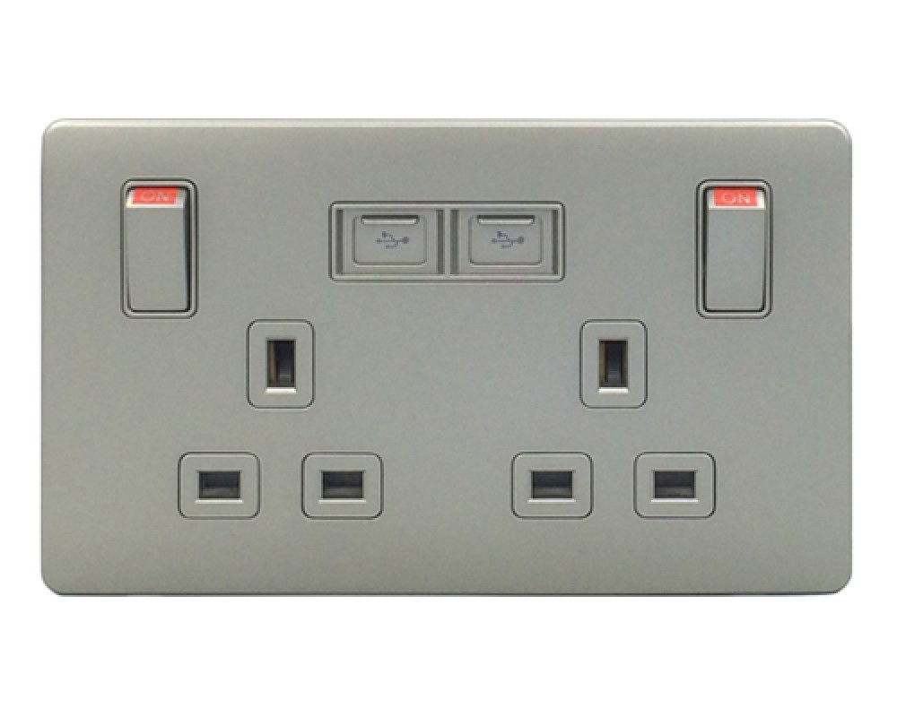 豐葉 Premio 炭灰色 插座有掣 2位 13A + USB 接口